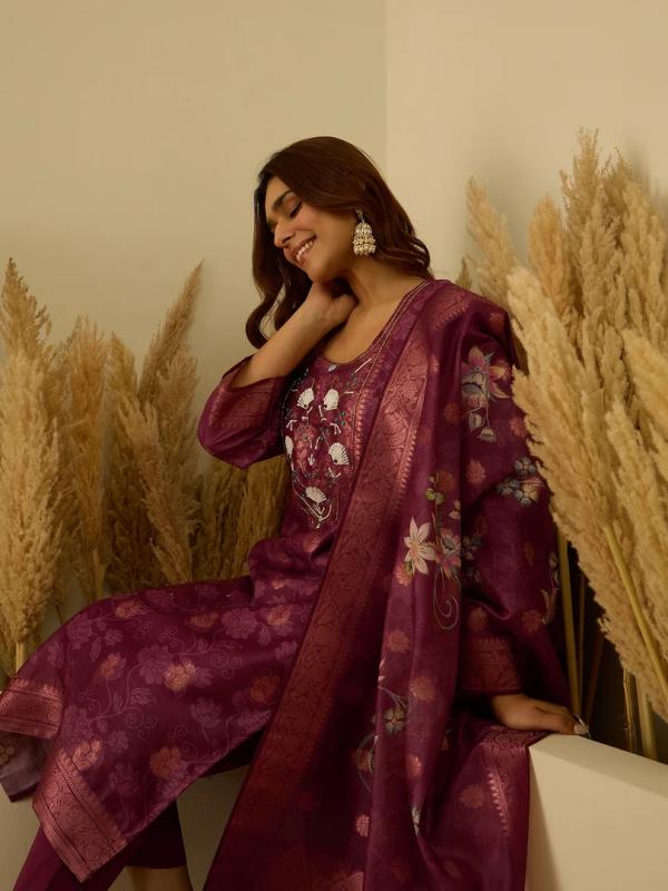 VP 9727 M Silk Blend Embroidered Straight Kurta Set with Trousers & Dupatta